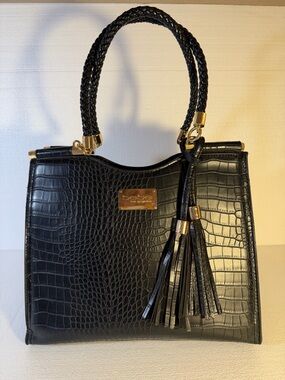 bebe Black Faux Croc Tassel Shoulder Bag